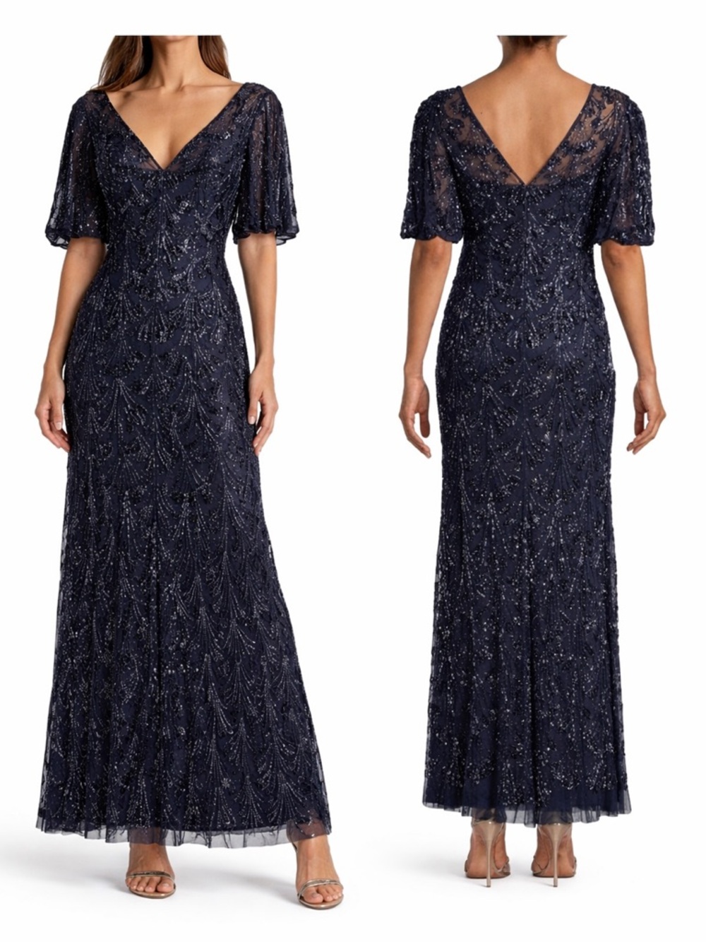 Aidan Mattox Navy Beaded V-Neck Maxi Gown